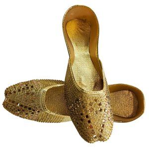 Women's Embroidered Golden Khussa Punjabi Jutti US Size 6 7 8 9 Pakistani Indian